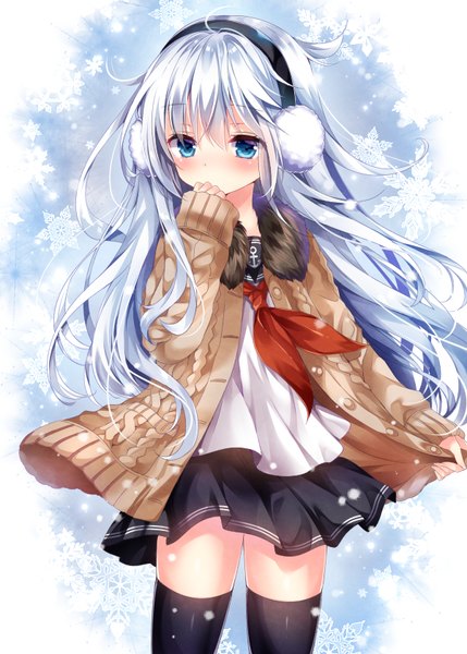 Anime picture 600x839 with kantai collection hibiki destroyer nogi takayoshi single long hair tall image looking at viewer blush fringe blue eyes blonde hair hair between eyes standing silver hair open clothes zettai ryouiki fur trim sleeves past wrists snowing covered mouth