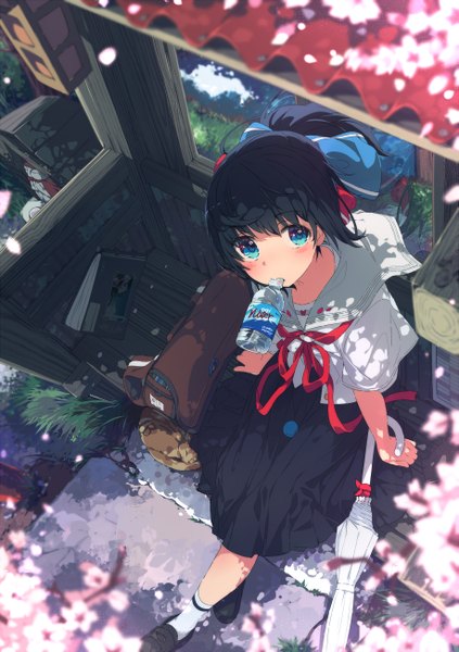 Anime picture 917x1300 with original ogipote single long hair tall image looking at viewer blush fringe blue eyes black hair sitting holding outdoors ponytail from above mouth hold closed umbrella girl skirt uniform