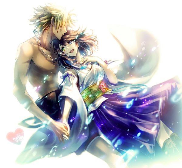 Anime picture 1000x926 with final fantasy final fantasy x square enix yuna (ff10) tidus ria short hair open mouth blonde hair brown hair bare shoulders couple heterochromia holding hands topless spiked hair shirtless girl boy skirt