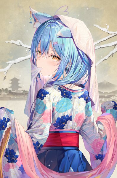 Anime picture 1243x1888 with virtual youtuber hololive yukihana lamy yukihana lamy (2nd costume) rin yuu single long hair tall image looking at viewer blush fringe standing holding animal ears yellow eyes payot blue hair ahoge outdoors traditional clothes