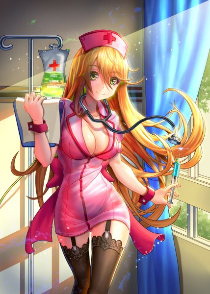 Anime picture 857x1200 with original tako seijin (takos000) single long hair tall image light erotic blonde hair hair between eyes green eyes cleavage sunlight nurse girl thighhighs uniform black thighhighs nurse cap syringe stethoscope hospital