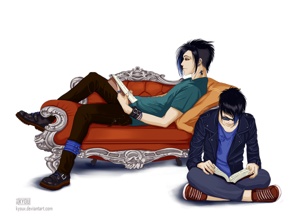Anime picture 1204x900 with original kyoux (artist) short hair black hair sitting blue hair lying profile light smile multiple boys tattoo couple crossed legs piercing transparent background reclining reading boy earrings glasses