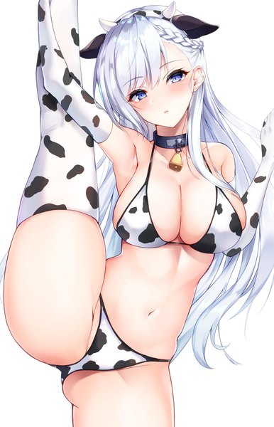 Anime picture 1432x2227 with azur lane belfast (azur lane) ranju aira single long hair tall image looking at viewer blush fringe breasts open mouth blue eyes light erotic simple background hair between eyes large breasts standing white background animal ears cleavage