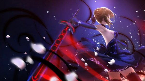 Anime picture 1600x900 with fate (series) fate/grand order fate/stay night type-moon artoria pendragon (all) saber saber alter arms ai single long hair looking at viewer fringe breasts simple background blonde hair wide image bare shoulders holding yellow eyes looking away