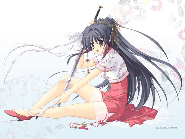 Anime picture 1600x1200 with kouki in reika arisue tsukasa single long hair blush open mouth black hair sitting yellow eyes ponytail wallpaper chinese clothes girl hair ornament ribbon (ribbons) weapon sword hairclip chinese dress