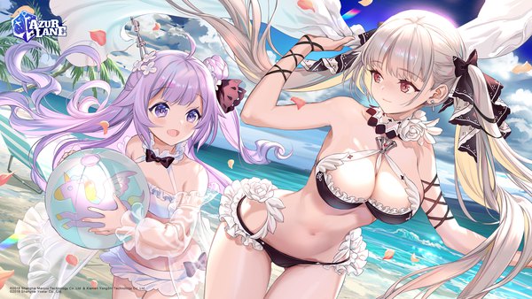 Anime picture 2200x1238 with azur lane formidable (azur lane) unicorn (azur lane) midori foo long hair blush fringe highres breasts open mouth light erotic smile red eyes wide image large breasts standing purple eyes twintails multiple girls holding