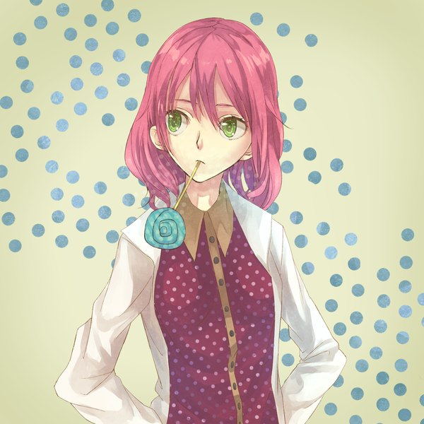 Anime picture 1500x1500 with original tomaeda (bravered) single short hair green eyes pink hair open clothes open shirt mouth hold polka dot polka dot background girl lollipop