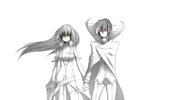 Anime picture 2600x1462 with code geass sunrise (studio) c.c. lelouch lamperouge revolmxd long hair fringe highres short hair simple background red eyes wide image standing white background yellow eyes light smile wind grey hair couple holding hands