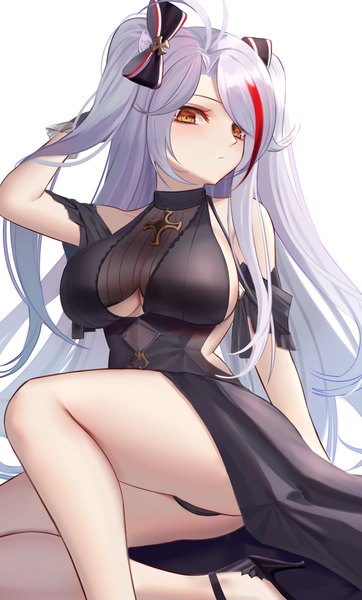 Anime picture 1208x2000 with azur lane prinz eugen (azur lane) prinz eugen (cordial cornflower) (azur lane) eternity (shadeh) single long hair tall image looking at viewer blush fringe breasts light erotic simple background large breasts standing white background bare shoulders yellow eyes silver hair ahoge