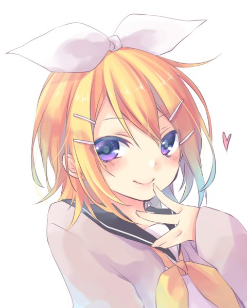 Anime picture 1024x1280 with vocaloid kagamine rin kuroi (liar-player) single tall image looking at viewer blush blonde hair simple background smile white background purple eyes finger to mouth girl uniform hair ornament bow hair bow serafuku heart