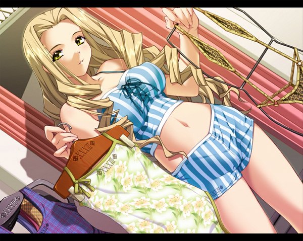 Anime picture 1024x819 with izayoi no hanayome honnou yukari ino single long hair looking at viewer blonde hair standing holding yellow eyes indoors shadow midriff dutch angle drill hair letterboxed striped dressing room girl underwear