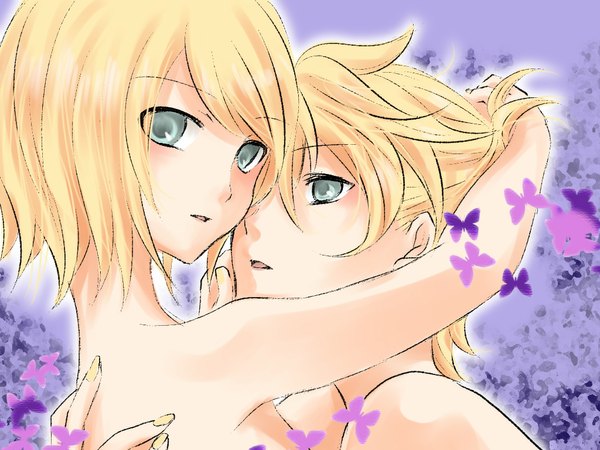 Anime picture 1024x768 with vocaloid kagamine rin kagamine len yayoi (pixiv182527) short hair blonde hair aqua eyes siblings twins brother and sister incest twincest girl insect butterfly
