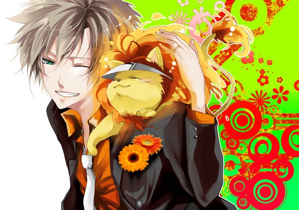 Anime picture 1275x900 with katekyou hitman reborn sawada tsunayoshi nuts (khr) shoppai (artist) smile green eyes eyes closed one eye closed wink grey hair spoilers boy flower (flowers) animal fire lion