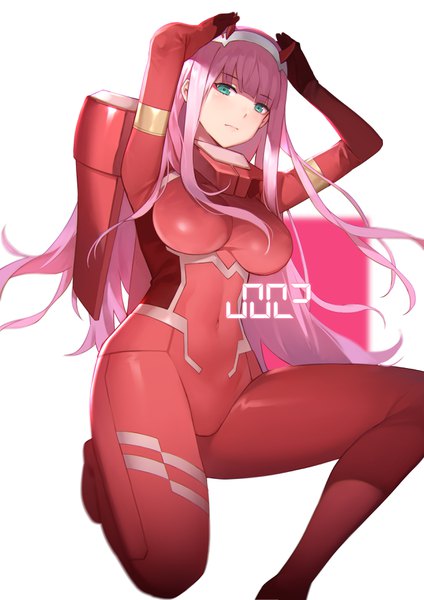 Anime picture 2480x3508 with darling in the franxx studio trigger zero two (darling in the franxx) yykuaixian single long hair tall image looking at viewer fringe highres breasts light erotic large breasts white background pink hair full body bent knee (knees) blunt bangs aqua eyes arms up