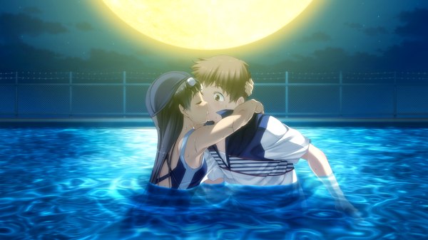 Anime picture 1024x576 with suigetsu 2 long hair short hair black hair brown hair wide image brown eyes game cg night couple kiss girl boy swimsuit moon