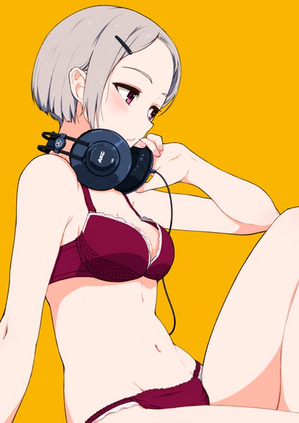 Anime picture 672x950 with original hi iro single tall image blush short hair breasts light erotic simple background looking away silver hair pink eyes underwear only groin yellow background headphones around neck girl underwear panties lingerie