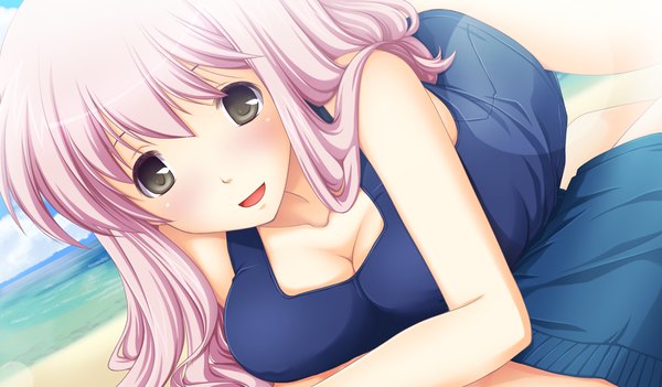 Anime picture 1024x600 with akikaze personal (game) long hair light erotic wide image pink hair game cg black eyes girl swimsuit