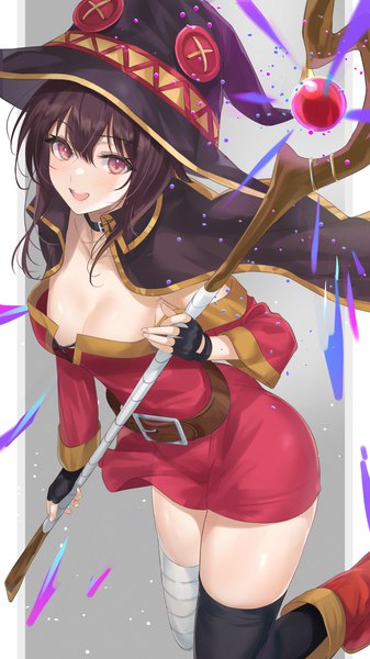 Anime picture 920x1638 with kono subarashii sekai ni shukufuku wo! studio deen megumin mexif single tall image looking at viewer fringe short hair breasts open mouth light erotic simple background hair between eyes red eyes brown hair cleavage :d grey background magic