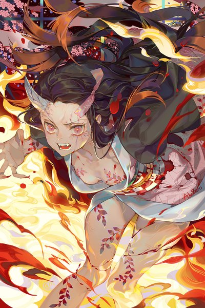 Anime picture 1000x1500 with kimetsu no yaiba ufotable kamado nezuko akizero1510 single long hair tall image looking at viewer breasts open mouth light erotic traditional clothes japanese clothes pink eyes multicolored hair horn (horns) fingernails two-tone hair fang (fangs) floating hair
