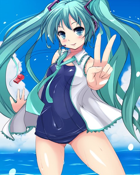 Anime picture 1200x1500 with vocaloid hatsune miku sukesan single tall image blush blue eyes twintails very long hair aqua hair girl swimsuit necktie headphones
