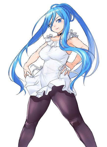 Anime picture 800x1100 with aoki hagane no arpeggio takao (aoki hagane no arpeggio) onsoku inu single tall image looking at viewer blush blue eyes light erotic simple background smile white background blue hair ponytail very long hair mole shadow mole under mouth girl dress