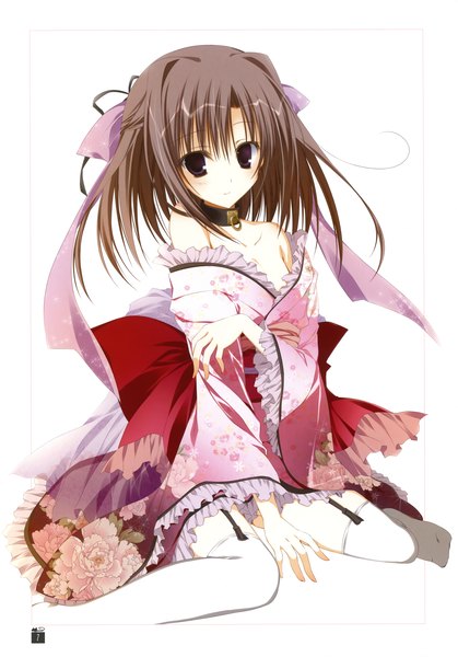 Anime picture 2446x3500 with ebiten anime international company todayama izumiko inugami kira single tall image blush highres short hair simple background red eyes brown hair white background japanese clothes scan girl thighhighs white thighhighs frills kimono