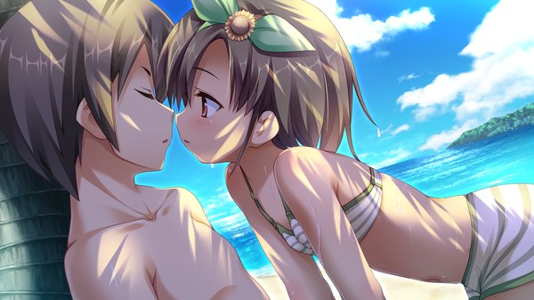 Anime picture 1280x720 with santaful summer blush short hair light erotic red eyes brown hair wide image game cg cloud (clouds) eyes closed couple almost kiss girl boy swimsuit bikini