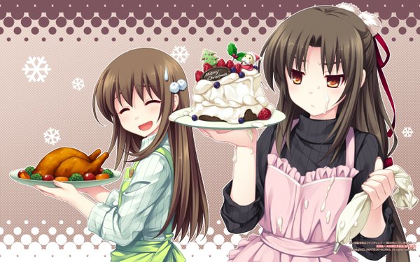 Anime picture 1400x875 with rui wa tomo wo yobu wakutsu tomo wakutsu maya saeki hokuto long hair blush open mouth smile brown hair wide image game cg eyes closed orange eyes otoko no ko food on face girl boy food sweets berry (berries)