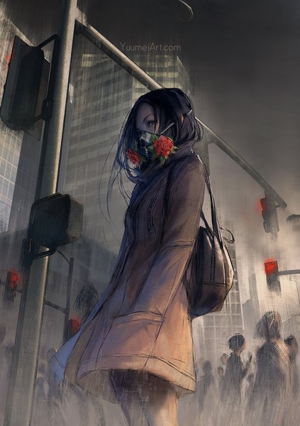 Anime picture 1080x1532 with original yuumei long hair tall image looking at viewer fringe blue eyes black hair standing outdoors from below city watermark solo focus hands in pockets girl flower (flowers) pantyhose rose (roses) building (buildings)