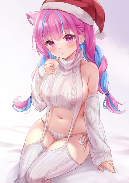 Anime picture 707x1000 with virtual youtuber hololive minato aqua nikoo single long hair tall image looking at viewer blush fringe breasts light erotic hair between eyes sitting purple eyes animal ears payot blue hair purple hair braid (braids)