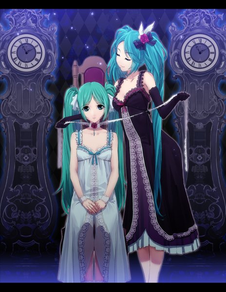 Anime picture 1083x1400 with vocaloid hatsune miku yahako long hair tall image smile sitting twintails bare shoulders eyes closed aqua eyes aqua hair letterboxed dual persona girl dress gloves choker elbow gloves clock