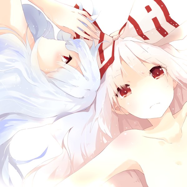 Anime picture 1748x1748 with touhou fujiwara no mokou kamishirasawa keine mikuru rumisora long hair looking at viewer blush highres light erotic red eyes multiple girls silver hair upper body lying nude on back on side topless girl bow