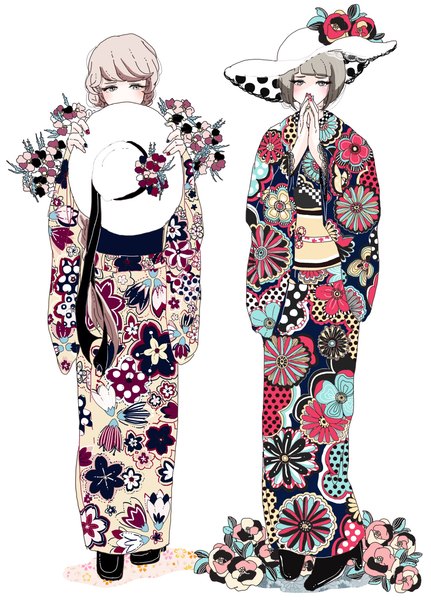 Anime picture 1149x1600 with original mzhbank tall image looking at viewer short hair simple background standing white background multiple girls full body nail polish traditional clothes japanese clothes grey hair grey eyes high heels floral print covered mouth girl flower (flowers)