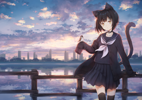 Anime picture 2000x1415 with original 104 single looking at viewer blush fringe highres short hair black hair standing animal ears yellow eyes sky cloud (clouds) outdoors tail head tilt animal tail pleated skirt wind