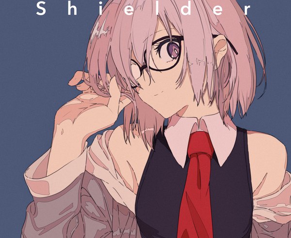 Anime picture 2048x1680 with fate (series) fate/grand order mash kyrielight kogecha (coge ch) single looking at viewer fringe highres short hair simple background smile hair between eyes purple eyes bare shoulders pink hair upper body hair over one eye character names dark background playing with hair