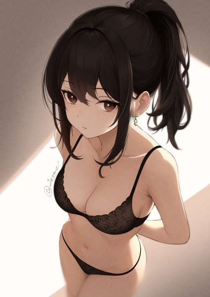 Anime picture 3969x5613 with original leone (kamina0205) single long hair tall image looking at viewer fringe highres breasts light erotic hair between eyes brown hair standing brown eyes signed absurdres cleavage ponytail from above underwear only