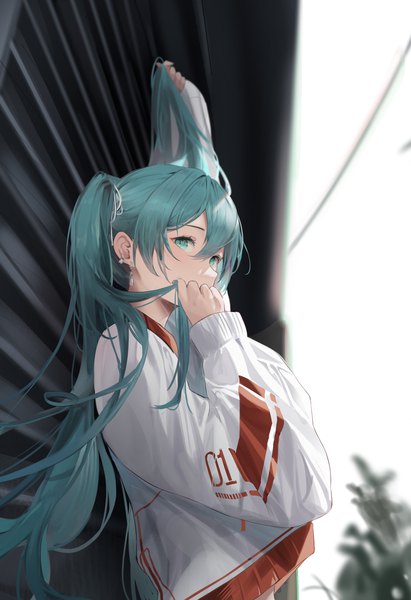 Anime picture 2335x3408 with vocaloid hatsune miku jmin single long hair tall image looking at viewer fringe highres hair between eyes standing twintails outdoors long sleeves arm up aqua eyes aqua hair piercing ear piercing covered mouth