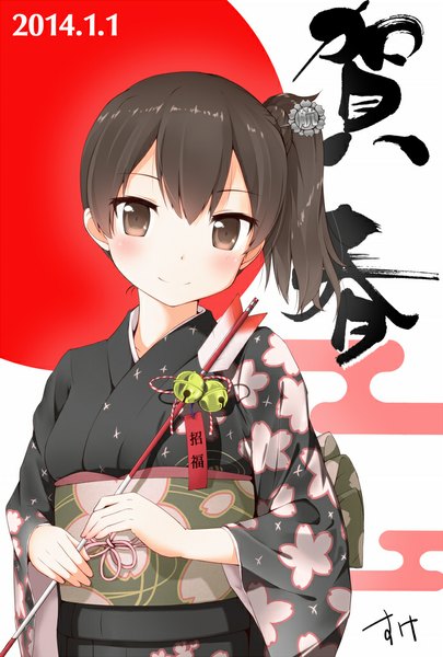 Anime picture 689x1019 with kantai collection kaga aircraft carrier suke (momijigari) single long hair tall image looking at viewer blush brown hair brown eyes signed ponytail traditional clothes japanese clothes light smile side ponytail hieroglyph dated new year 2014
