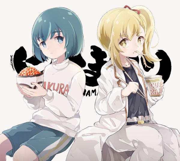 Anime picture 920x823 with hinamatsuri feel (studio) hina (hinamatsuri) anzu (hinamatsuri) captain yue long hair looking at viewer short hair blue eyes blonde hair sitting multiple girls holding signed yellow eyes aqua hair copyright name twitter username text side ponytail