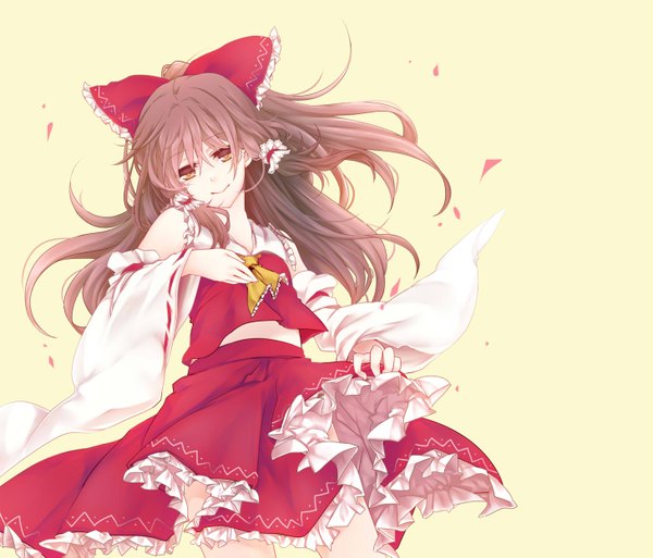 Anime picture 1458x1249 with touhou hakurei reimu rimu (kingyo origin) single long hair looking at viewer simple background smile brown hair brown eyes wind yellow background girl skirt bow hair bow detached sleeves skirt set