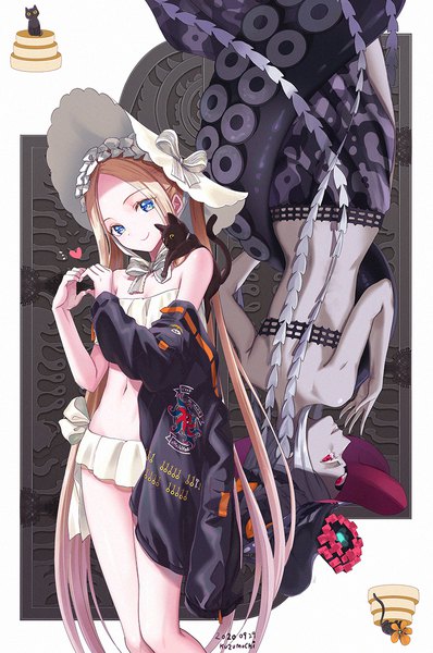 Anime picture 857x1292 with fate (series) fate/grand order abigail williams (fate) abigail williams (swimsuit foreigner) (fate) kuzumochi (kuzumochiya) tall image blue eyes light erotic blonde hair smile red eyes standing multiple girls signed silver hair very long hair open jacket dated hand to mouth dual persona