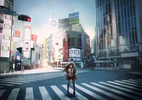 Anime picture 1920x1357 with steins;gate white fox uniqlo h&m makise kurisu edward tsang single long hair looking at viewer highres brown hair standing holding sky full body long sleeves wind blurry city adjusting hair