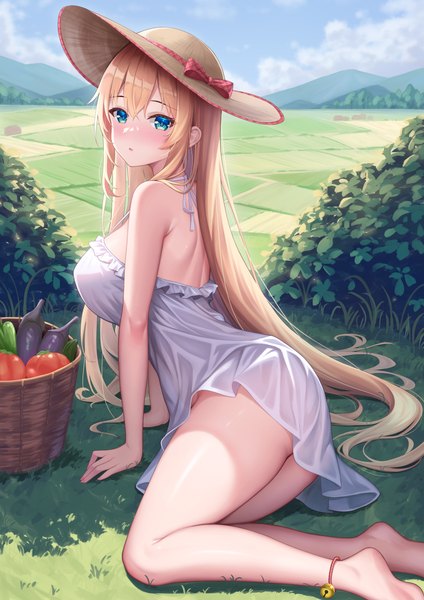 Anime picture 877x1242 with original yokami single long hair tall image looking at viewer blush fringe breasts blue eyes light erotic blonde hair hair between eyes large breasts payot sky cloud (clouds) outdoors arm support thigh gap