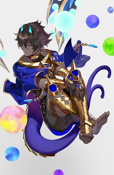 Anime picture 2628x4000 with fate (series) fate/grand order arjuna (fate) arjuna alter (fate) sin (btc86amme) single tall image fringe highres short hair hair between eyes brown hair looking away full body tail barefoot horn (horns) dark skin boy armor