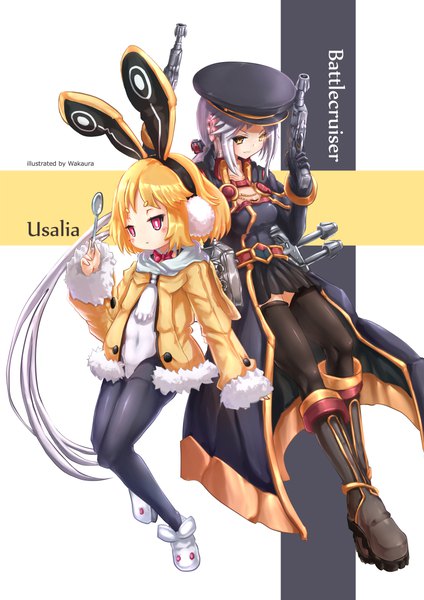 Anime picture 827x1170 with disgaea starcraft blizzard entertainment battlecruiser (starcraft) usalia (disgaea) wakaura asaho tall image blush short hair blonde hair simple background red eyes white background multiple girls holding signed animal ears yellow eyes payot looking away