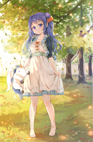 Anime picture 1000x1513 with azur lane unicorn (azur lane) miazi single long hair tall image looking at viewer blush fringe purple eyes holding purple hair full body ahoge outdoors parted lips hair bun (hair buns) alternate costume one side up girl