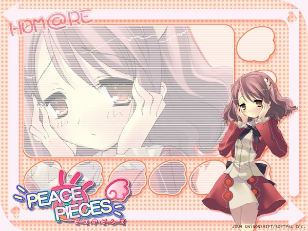 Anime picture 1600x1200 with peace@pieces takanashi homare itou noiji single looking at viewer blush short hair brown hair brown eyes copyright name character names zoom layer girl dress bowtie short dress