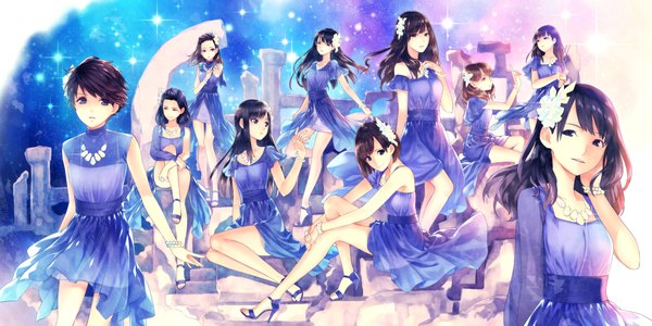 イラスト 2000x1000 と morning musume (group) ヒエラポリスとパムッカレ 長髪 カメラ目線 highres 短い髪 黒髪 茶色の髪 wide image 座る multiple girls looking away hair flower black eyes 6+ girls 10 girls 女の子 ドレス 髪飾り 花