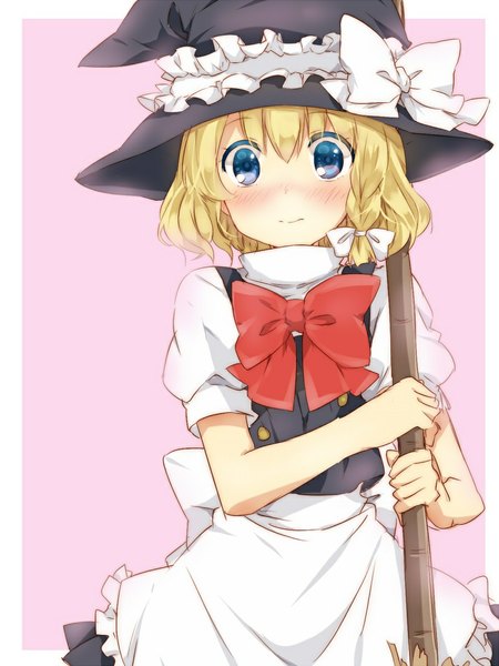 Anime picture 800x1066 with touhou kirisame marisa maruki (punchiki) single tall image looking at viewer blush short hair blue eyes blonde hair simple background holding braid (braids) light smile maid single braid border side braid pink background outside border