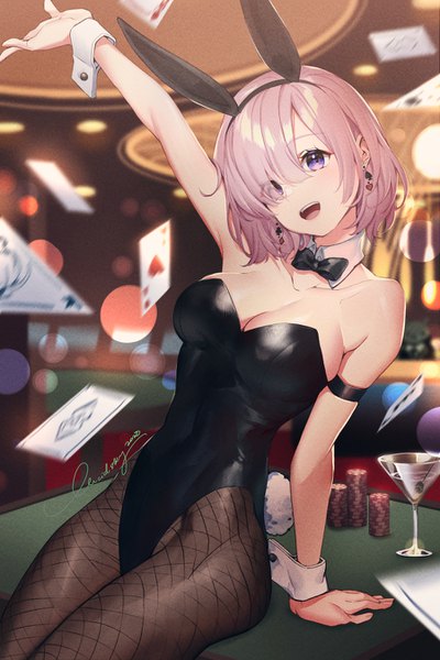 Anime picture 900x1350 with fate (series) fate/grand order mash kyrielight lucidsky single tall image looking at viewer blush fringe short hair breasts open mouth light erotic smile large breasts sitting purple eyes signed animal ears pink hair